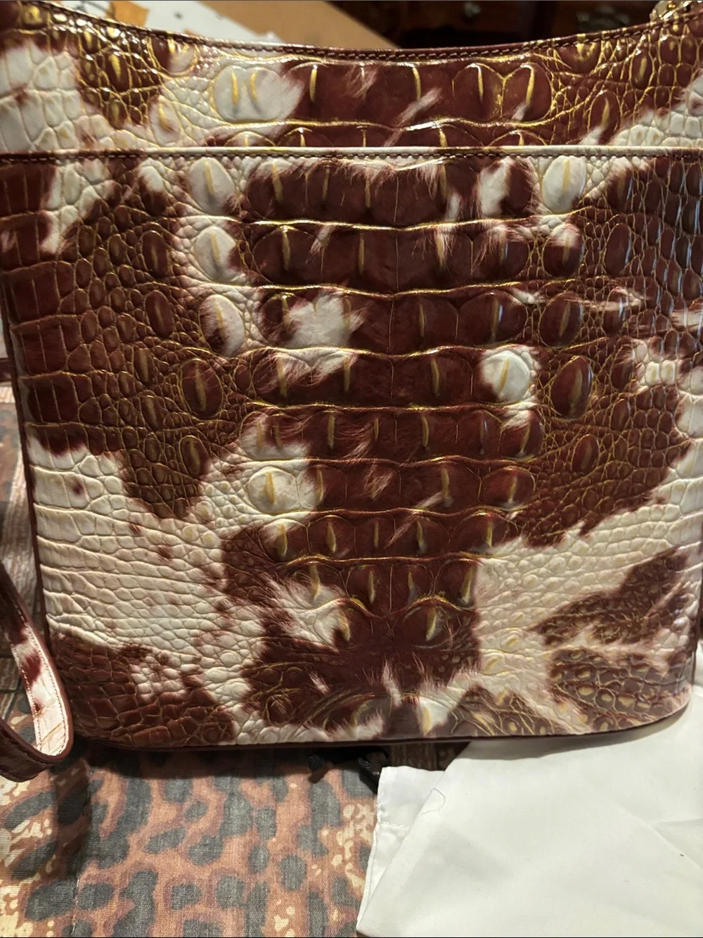 Brahmin Brown and Cream Croc-Embossed Leather Crossbody